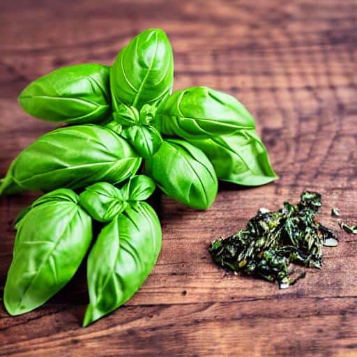Basil leaves on a wooden table.