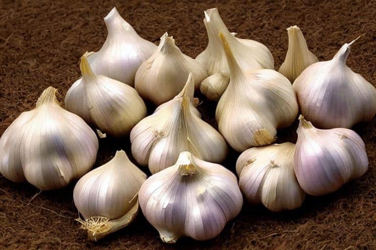 A pile of garlic, one of the best plants for repelling mosquitoes, on the ground.