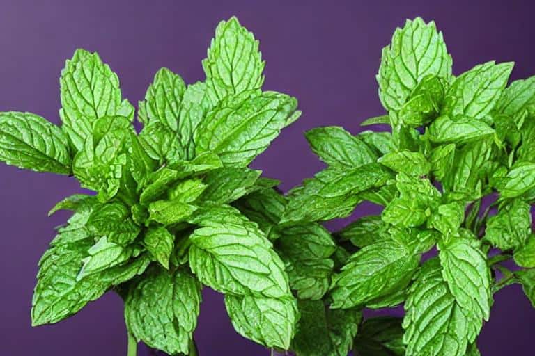 Two green leaves of mint, one of the best plants for repelling mosquitoes, against a purple background.