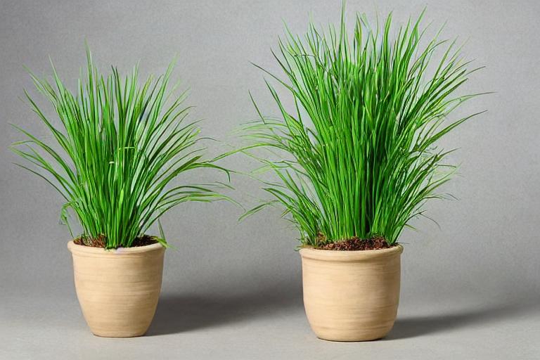 Two pots with mosquito-repellent grass in them on a gray background.