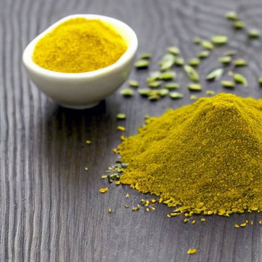 Turmeric, powder, seeds, wooden table.