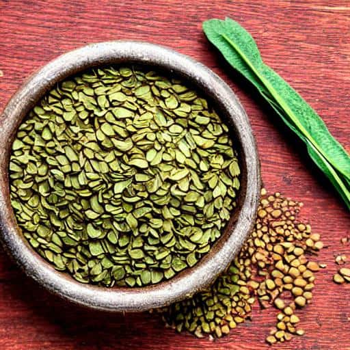 Fenugreek seeds in a bowl on a wooden table.