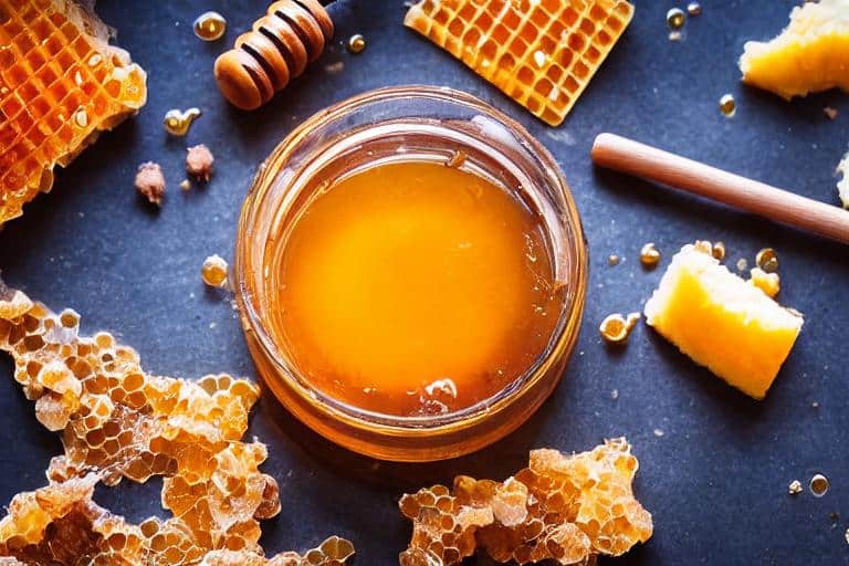 Home remedies for bad breath include honey and honeycomb on a table.