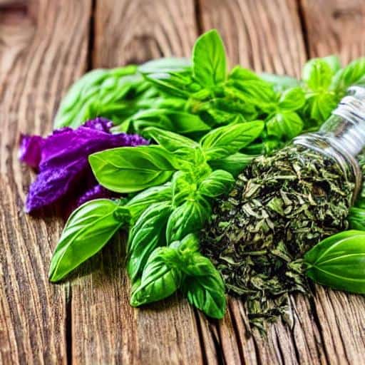 Basil leaves and purple flowers on a wooden table.