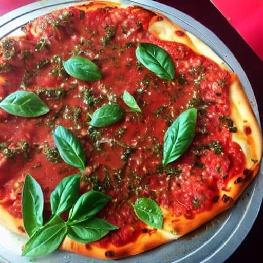 A pizza with basil leaves on a plate.