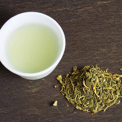 A cup of green tea beside a bowl of tea.