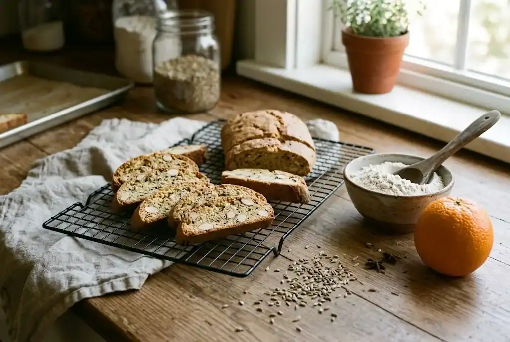 Sliced anise biscotti and a small loaf cooling beside flour and an orange