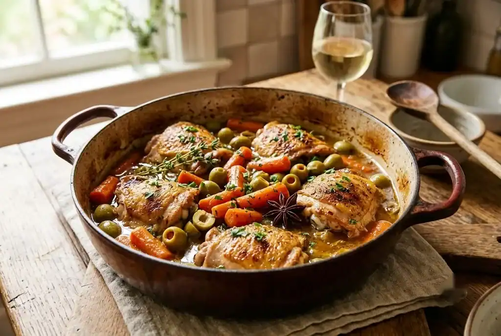 Braised chicken thighs with carrots, orange peel, green olives, and a whole star anise in a Dutch oven