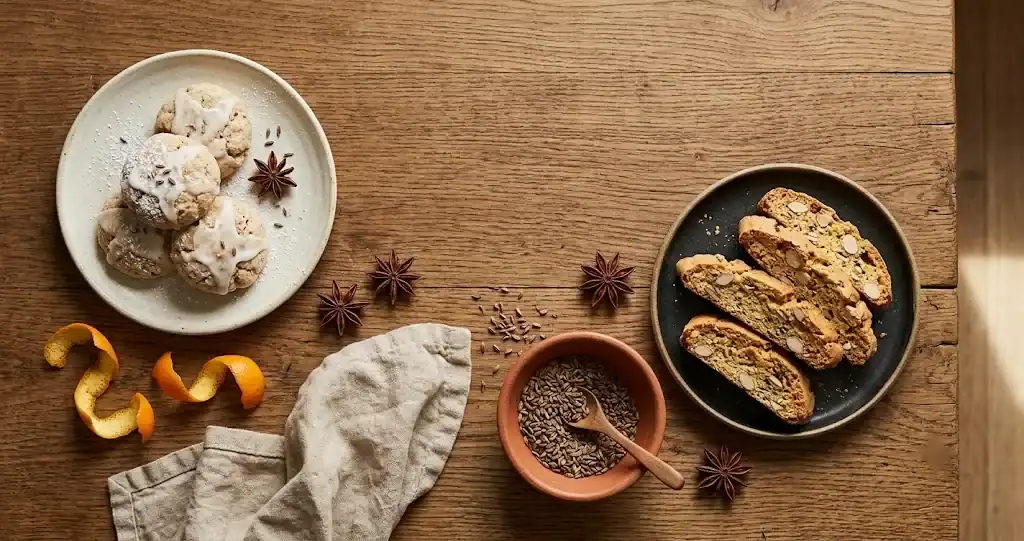 Anise seed, whole star anise, orange zest, and a plate of glazed anise cookies arranged on a light kitchen surface