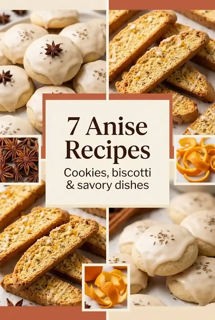 Pinterest graphic titled 7 Anise Recipes, showing cookies, biscotti, and savory anise dishes