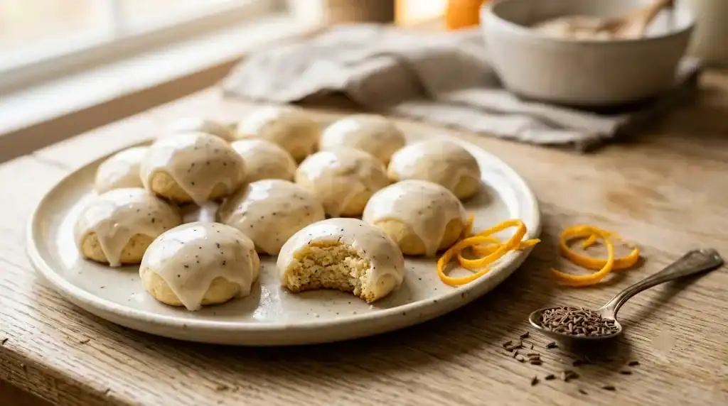 Soft Italian anise cookies with a white sugar glaze cooling on parchment