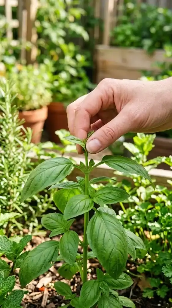 Fingers pinching the growing tip from a young basil plant just above a pair of leaves, encouraging it to branch