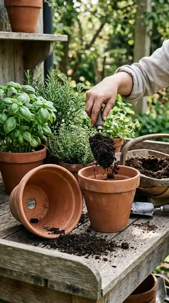 An empty terracotta pot tipped to show its open drainage hole, beside a second pot being filled with potting mix straight onto the bare base, with no gravel layer