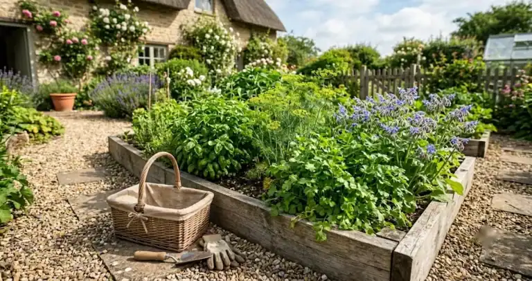 A sunny raised-bed herb garden with basil, dill in flower, cilantro, and blue borage, a wicker harvest basket and hand tools on the gravel path beside it