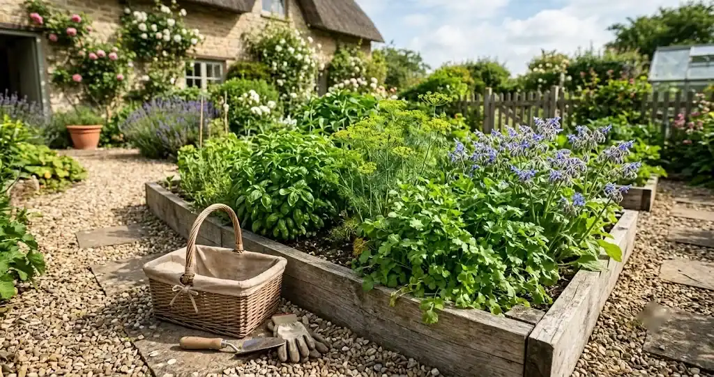 A sunny raised-bed herb garden with basil, dill in flower, cilantro, and blue borage, a wicker harvest basket and hand tools on the gravel path beside it