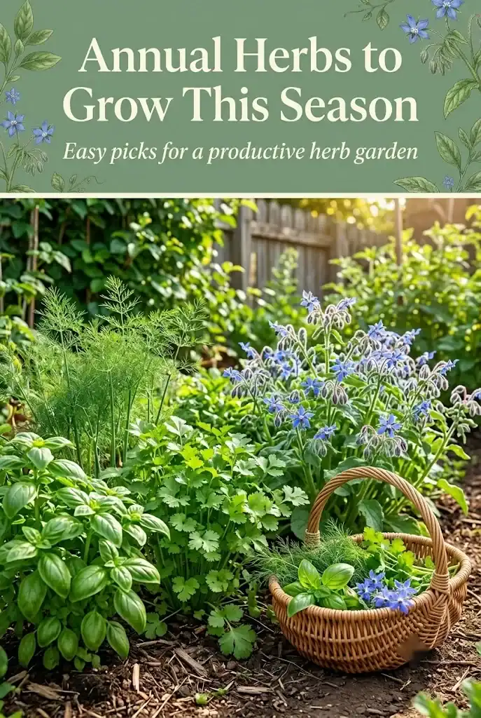 Pinterest graphic reading Annual Herbs to Grow This Season, with the subtitle Easy picks for a productive herb garden, above a photograph of basil, dill, cilantro and borage beside a harvest basket