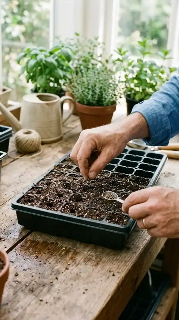 Hands sowing fine herb seed into the individual cells of a filled seed tray on a bright potting bench