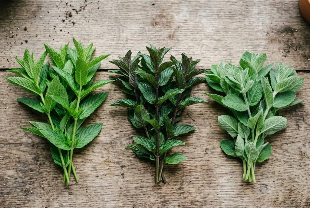 Freshly harvested sprigs of spearmint, peppermint, and apple mint arranged on a potting bench