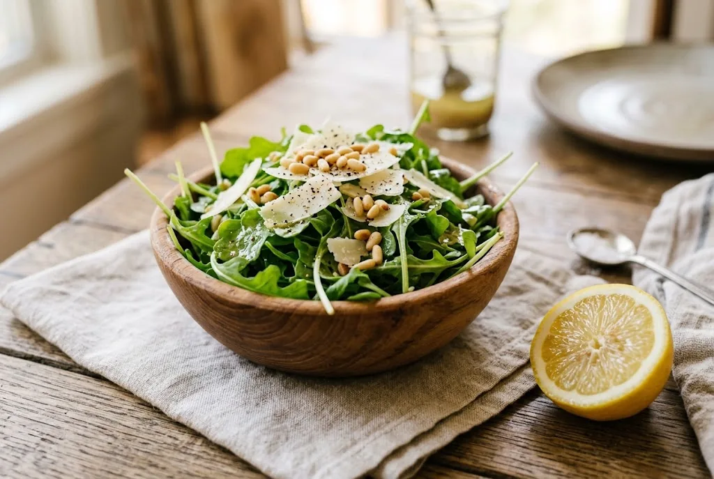A bowl of baby arugula tossed with lemon vinaigrette, shaved Parmesan, and toasted pine nuts on a wooden board