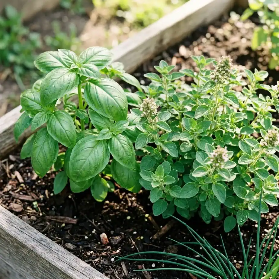 Basil and oregano plants growing side by side in a sunny raised bed