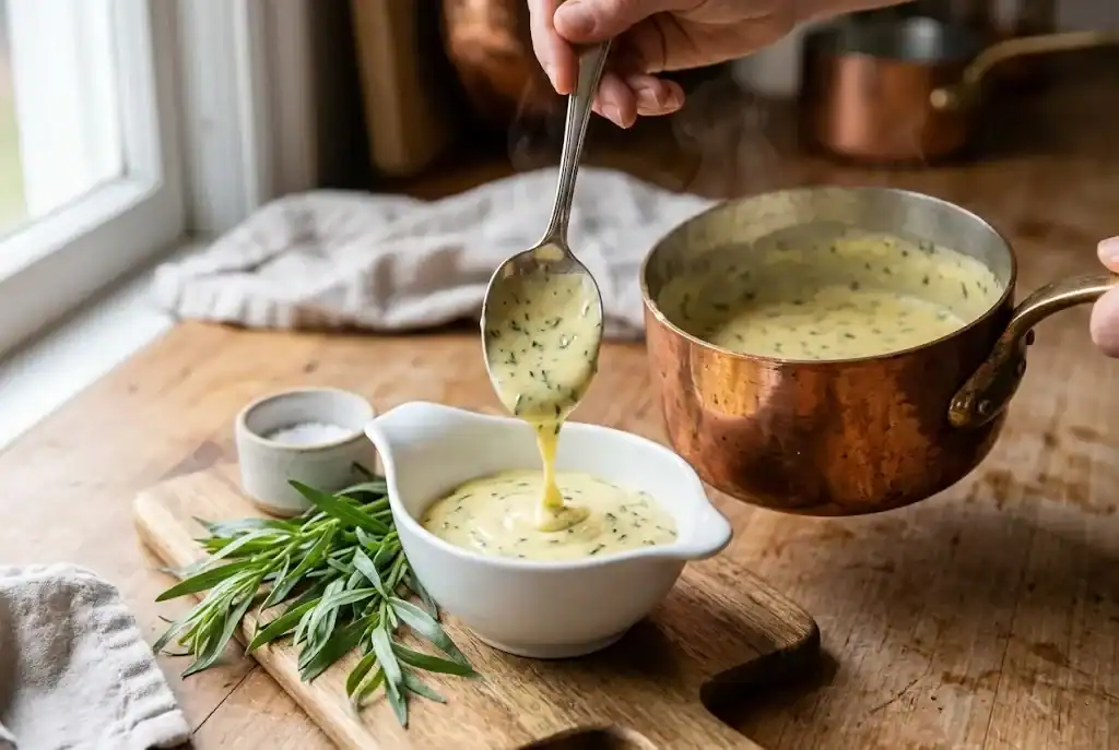 Classic French Bearnaise sauce spooned from a copper saucier into a white ceramic serving dish garnished with minced tarragon