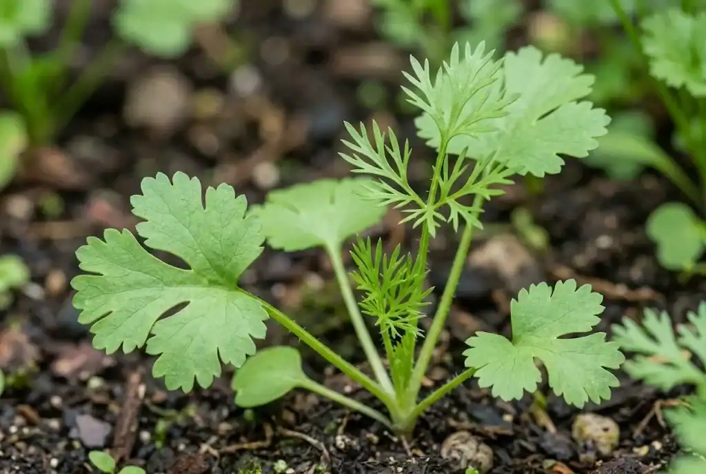 Close-up of coriander foliage showing fan-shaped lower leaves and feathery upper stems