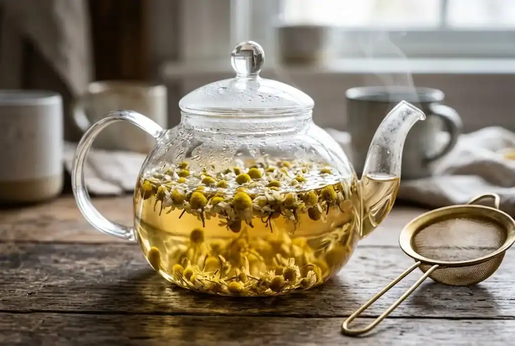 Brewing chamomile tea in a clear glass teapot with loose dried blossoms steeping in hot water