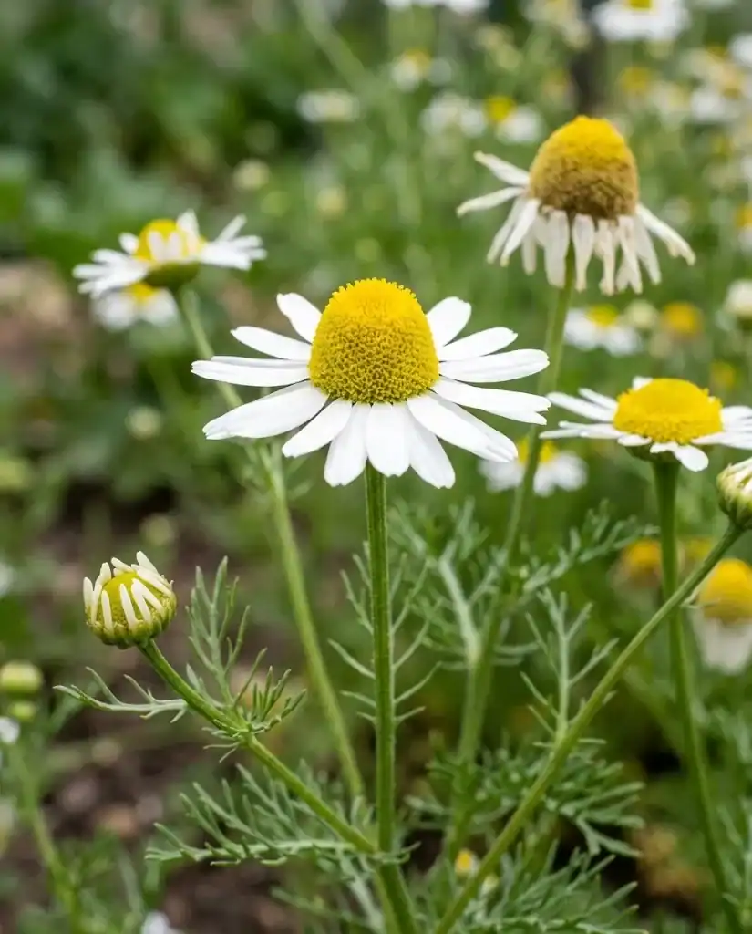 Close-up of a single chamomile flower head with white petals lying flat and a raised yellow center, ideal for harvest