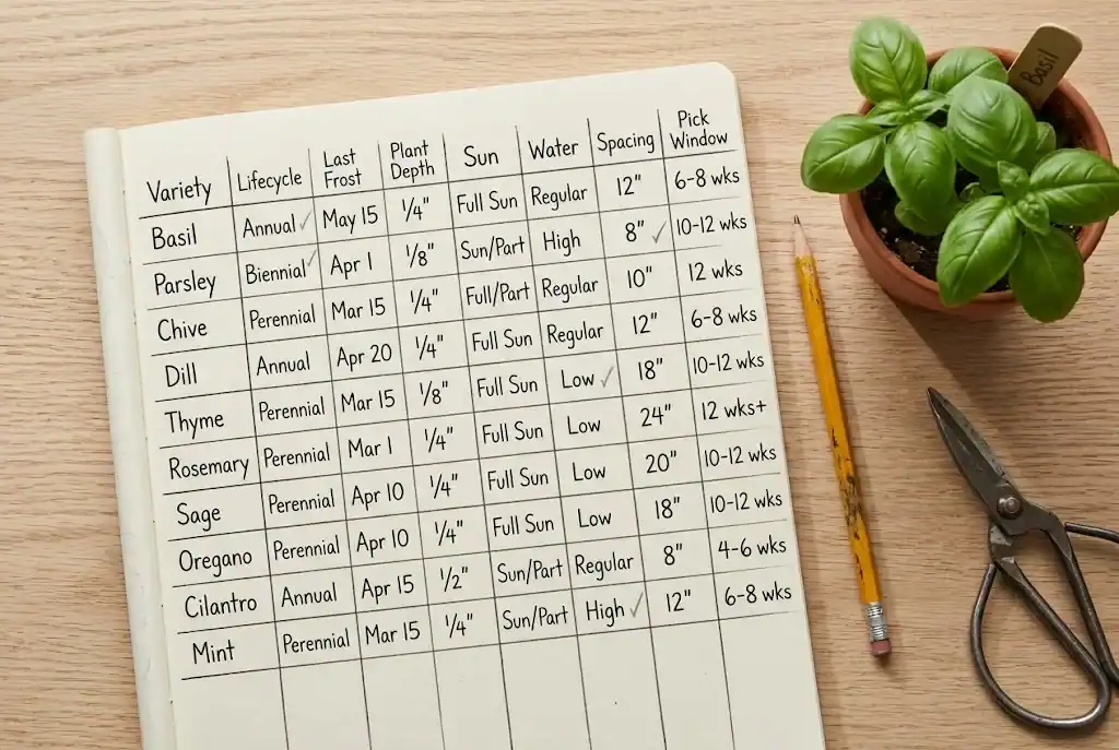 Overhead view of a finished herb growing chart notebook page with rows for ten common kitchen herbs