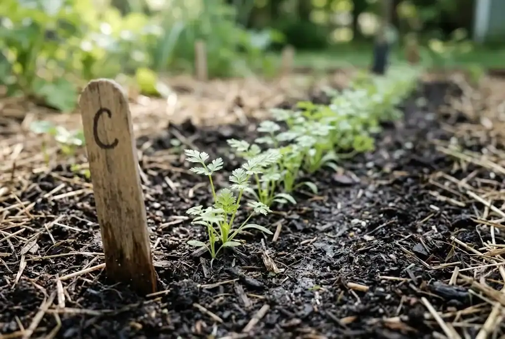 Close-up of chervil seedlings emerging in a row with a wooden plant label marked C