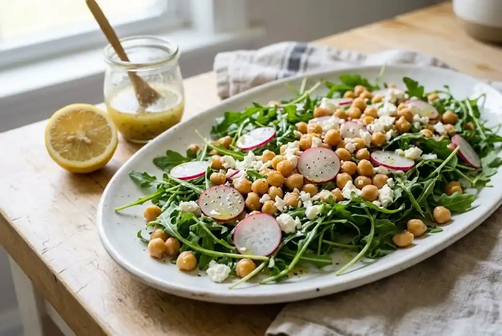 A white platter of arugula topped with chickpeas, sliced radishes, and crumbled feta, dressed with a lemon vinaigrette