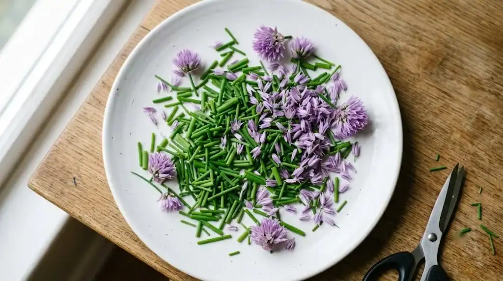 Cut chive leaves and purple chive florets arranged on a white plate