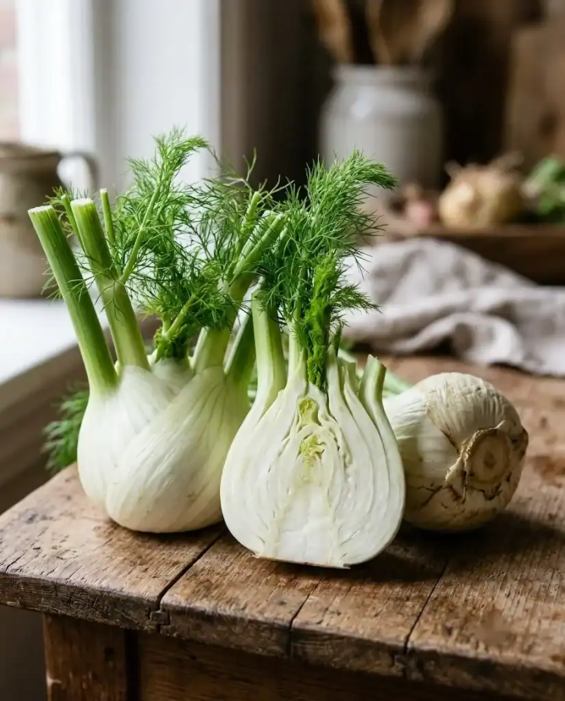 Firm fresh fennel bulbs with white layered flesh and green fronds