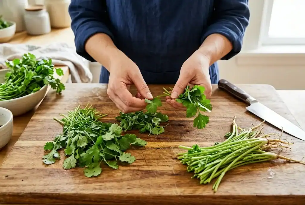 Fresh cilantro leaves and tender stems prepared on a wooden cutting board