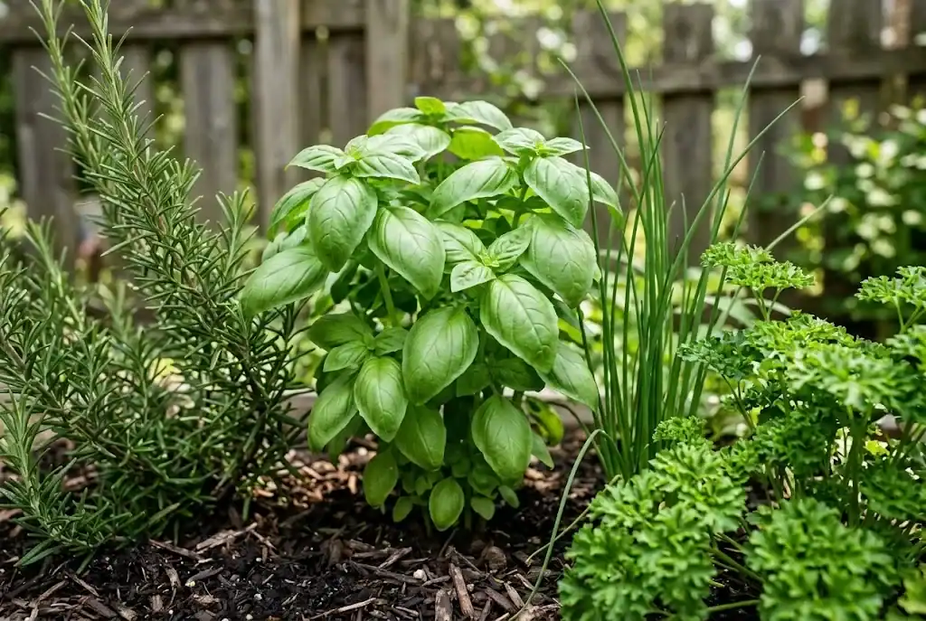 A close view of basil, parsley, chives, and rosemary growing together in a small home herb bed