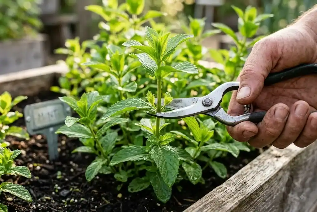 Pruners cutting a mint stem just above a pair of leaves in a raised bed