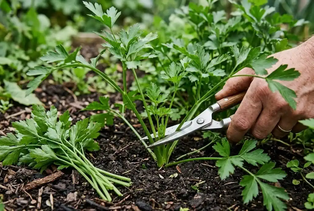 Garden snips cutting mature outer stems of flat-leaf parsley near the crown while the center remains intact