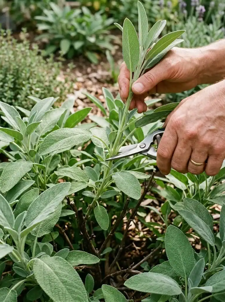Clean bypass snips cutting culinary sage just above a leafy node on a green stem