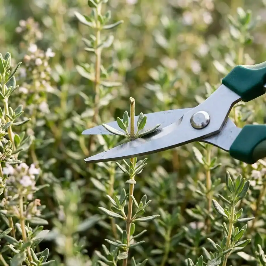 Close-up of garden shears cutting a thyme stem just above a leaf node