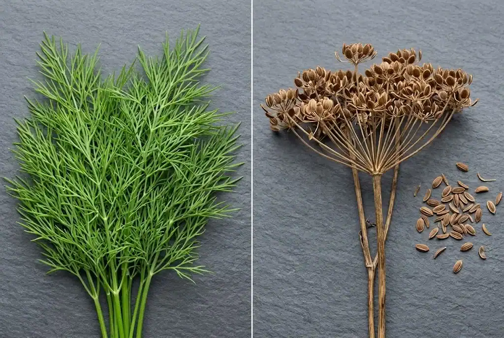 Botanical comparison of tender green dill weed and mature dill seed heads