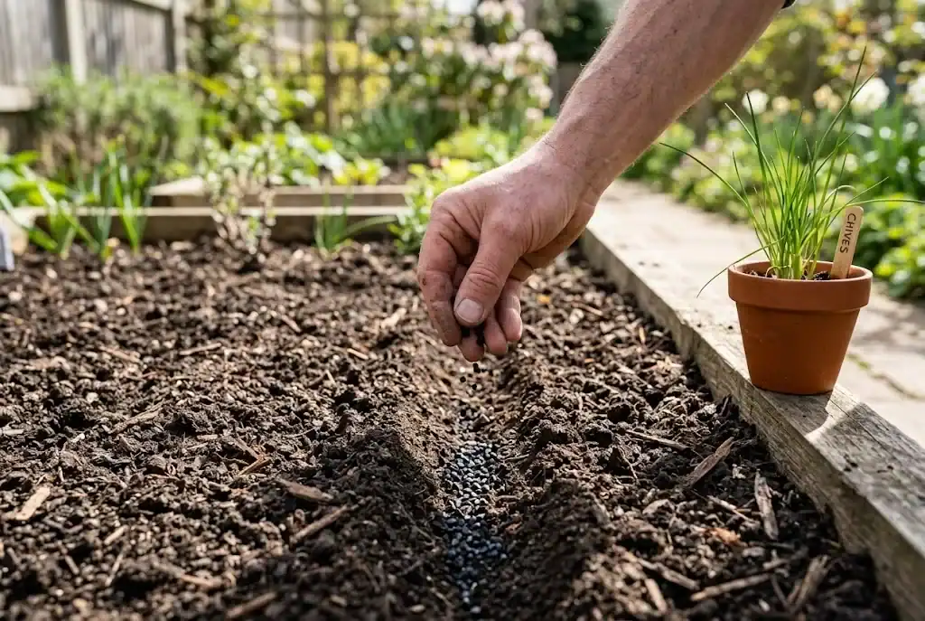 A gardener sows small black chive seeds into a shallow garden furrow