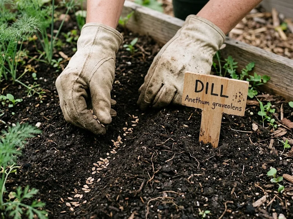 Sowing dill seeds shallowly into rich garden compost
