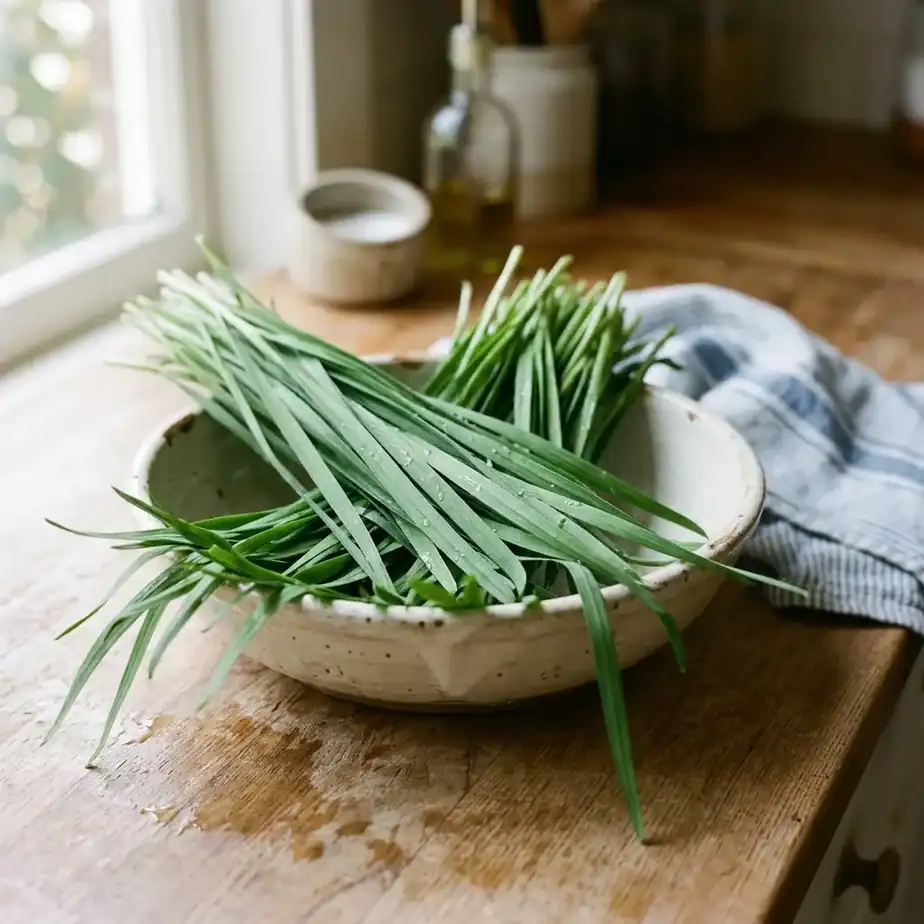 Two bunches of fresh garlic chives resting in a ceramic bowl on a kitchen counter