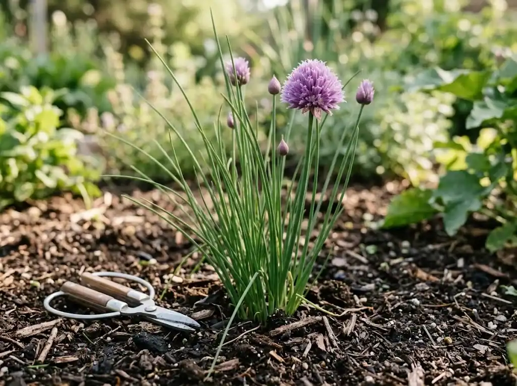 A small clump of chives growing in a sunny garden bed with thin hollow stems and a purple blossom