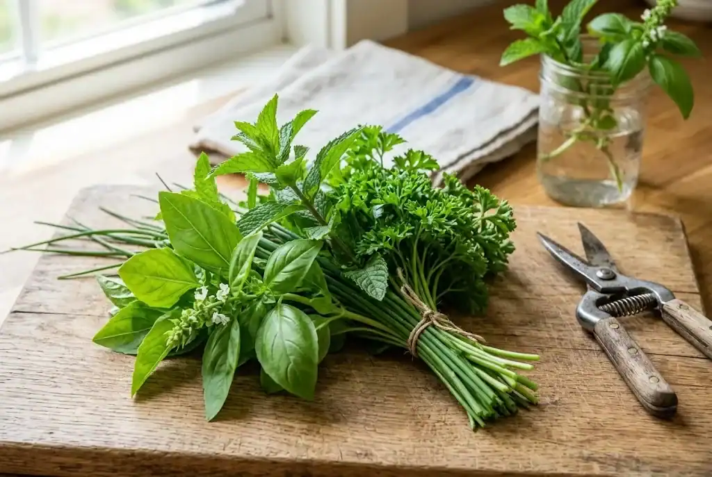 A small bunch of freshly cut basil, mint, parsley, and chives lying on a wooden cutting board beside garden snips