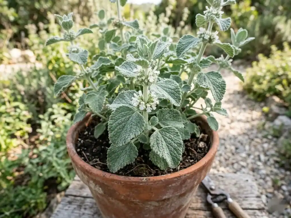 White horehound plant with woolly gray-green leaves and white flowers