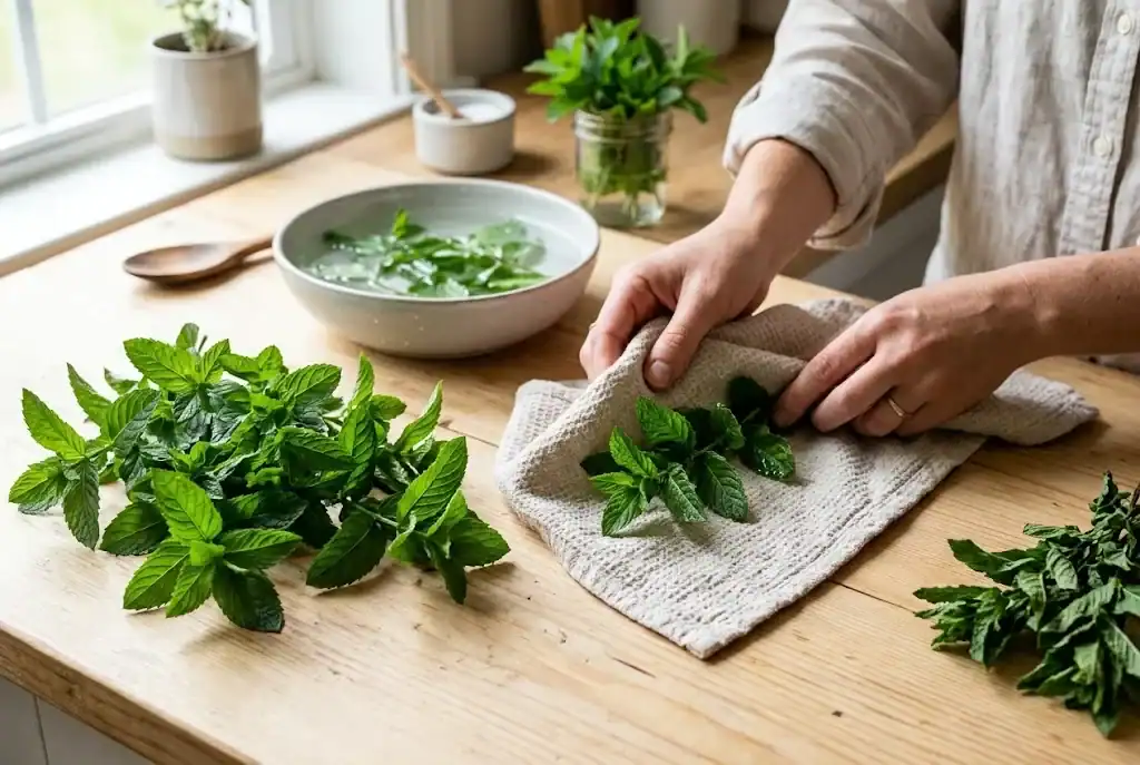 Fresh mint stems being sorted and gently dried with a clean kitchen towel