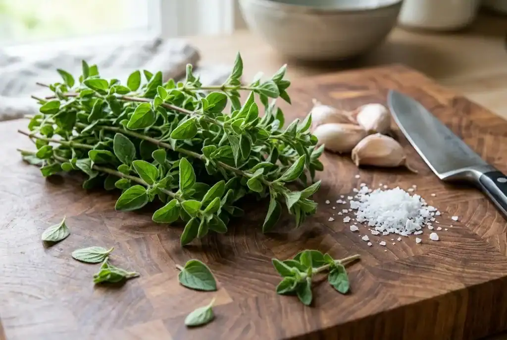 Freshly plucked culinary oregano leaves and whole garlic cloves on a wooden cutting board