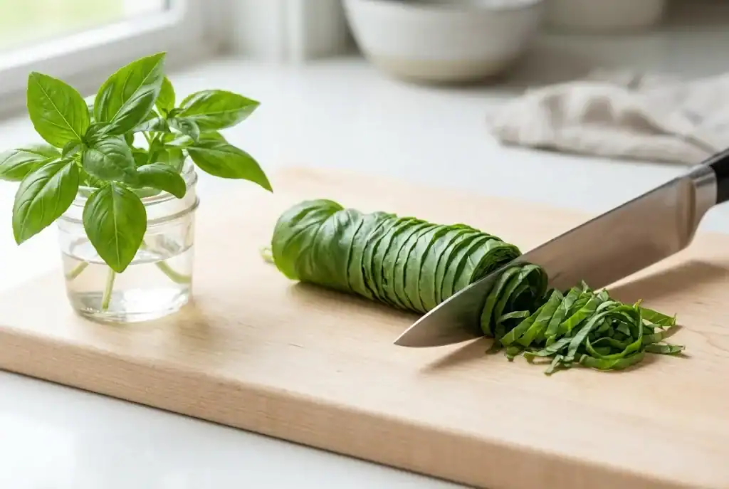 A chef gently slicing fresh sweet basil leaves into a delicate chiffonade on a wooden cutting board