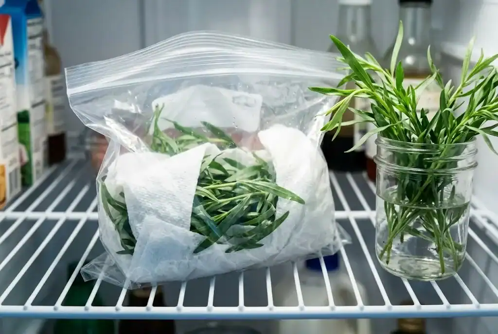 Fresh tarragon sprigs on a damp paper towel rolled in a zip-lock bag on a refrigerator shelf, with a glass jar of tarragon in water beside it